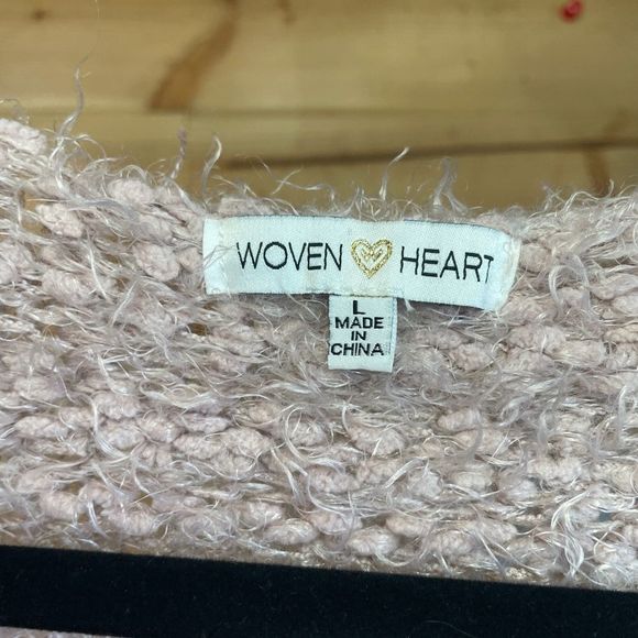 Woven Heart Pink Cozy Cardigan Faux Angora Knit Open Front Pockets Size Large - Picture 3 of 9